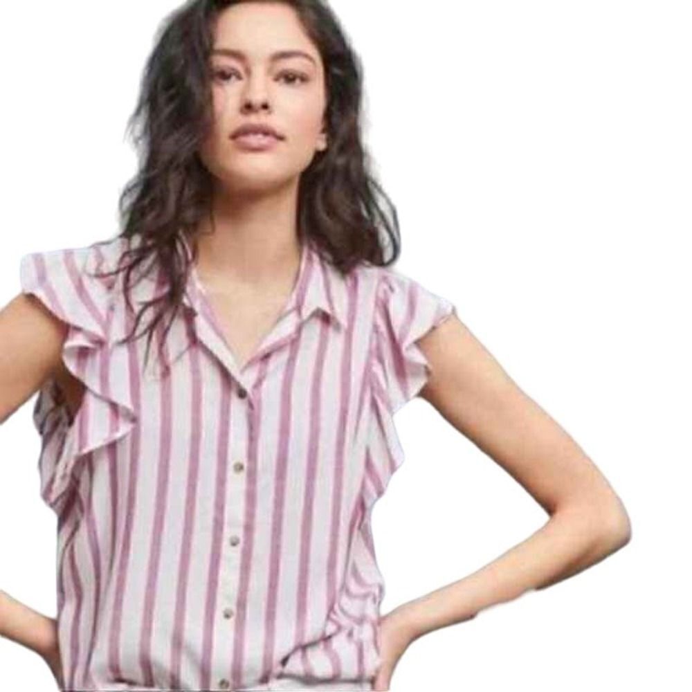 ANTHROPOLOGIE MAEVE Women's Striped Ruffle Button Down Blouse Pink Size Small